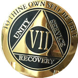 RecoveryChip 7 Year AA Medallion Elegant Black Gold Silver Bi-Plated Alcoholics Anonymous Chip-New Condition