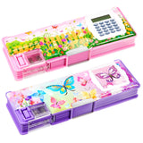 Henoyso 2 Pcs Multifunctional Pencil Case with Calculator for Girls, Cute Plastic Pencil Box with Sharpener, Pen Pouch School Su