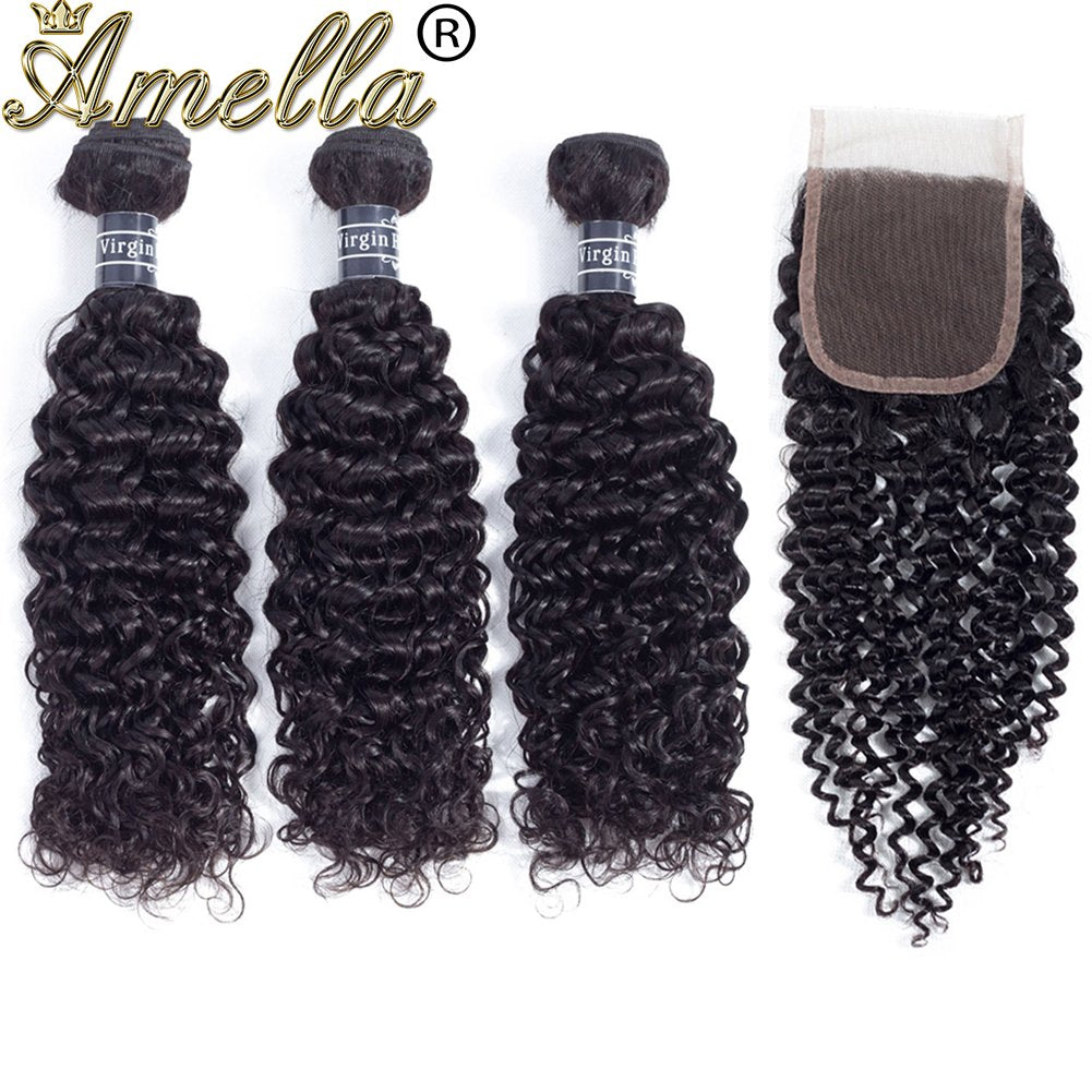 Amella Hair Brazilian Curly Virgin Hair Weave 3 Bundles with 4X4 Lace Closure 8A Brazilian Kinky Curly Hair Weave Bundles Natura