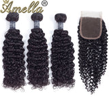 Amella Hair Brazilian Curly Virgin Hair Weave 3 Bundles with 4X4 Lace Closure 8A Brazilian Kinky Curly Hair Weave Bundles Natura