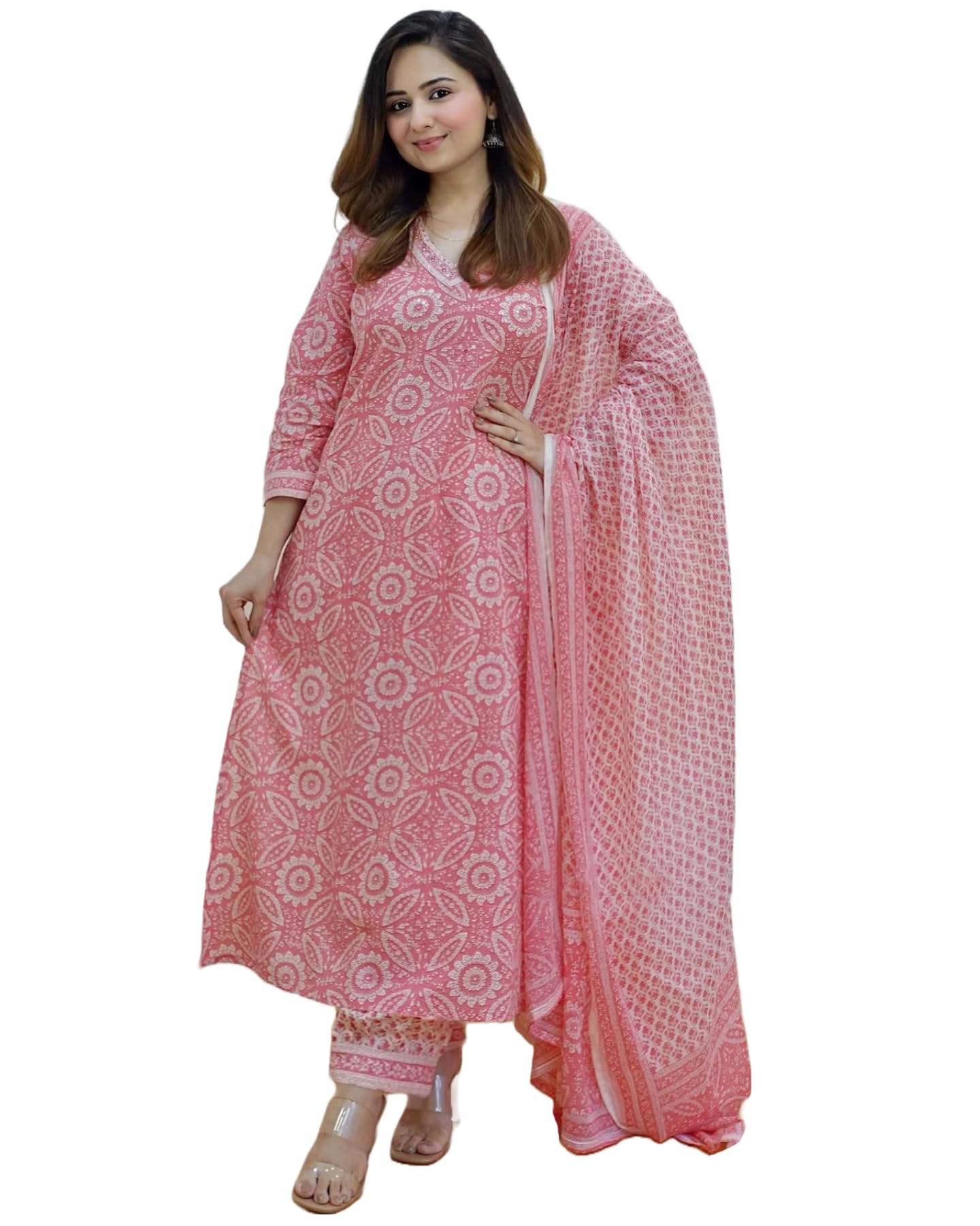 Anni Designer Women'S Cotton Blend Block Printed Straight Kurta With Pant & Dupatta (Nihira Pink_S_Pink_Small),Pink,S