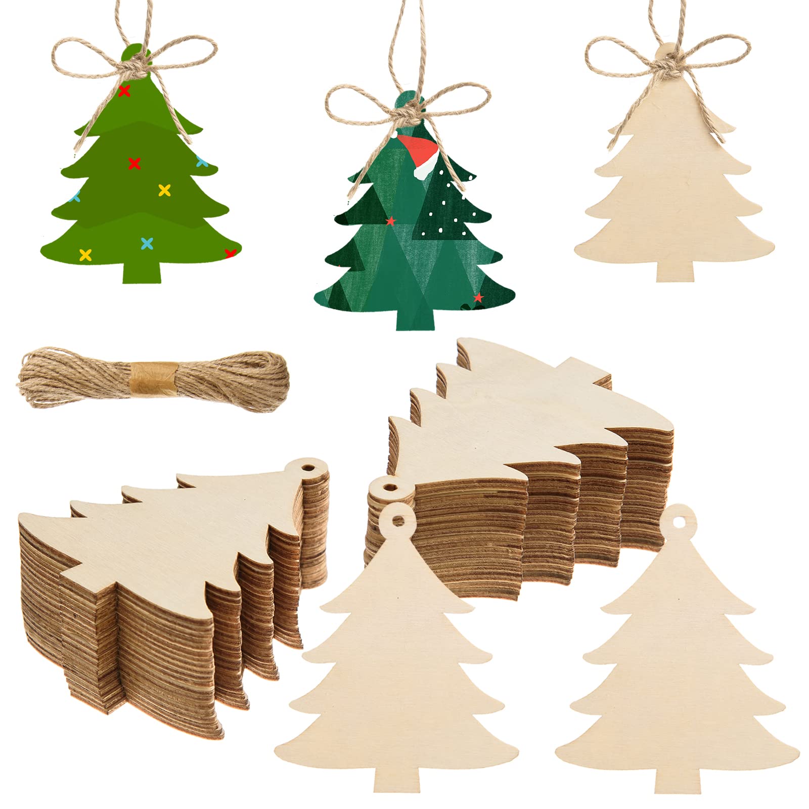 72 Pieces Wooden Christmas Tree Cutouts Crafts Embellishments Unfinished Christmas Tree Hanging Ornaments Blank Xmas Tree Wood C