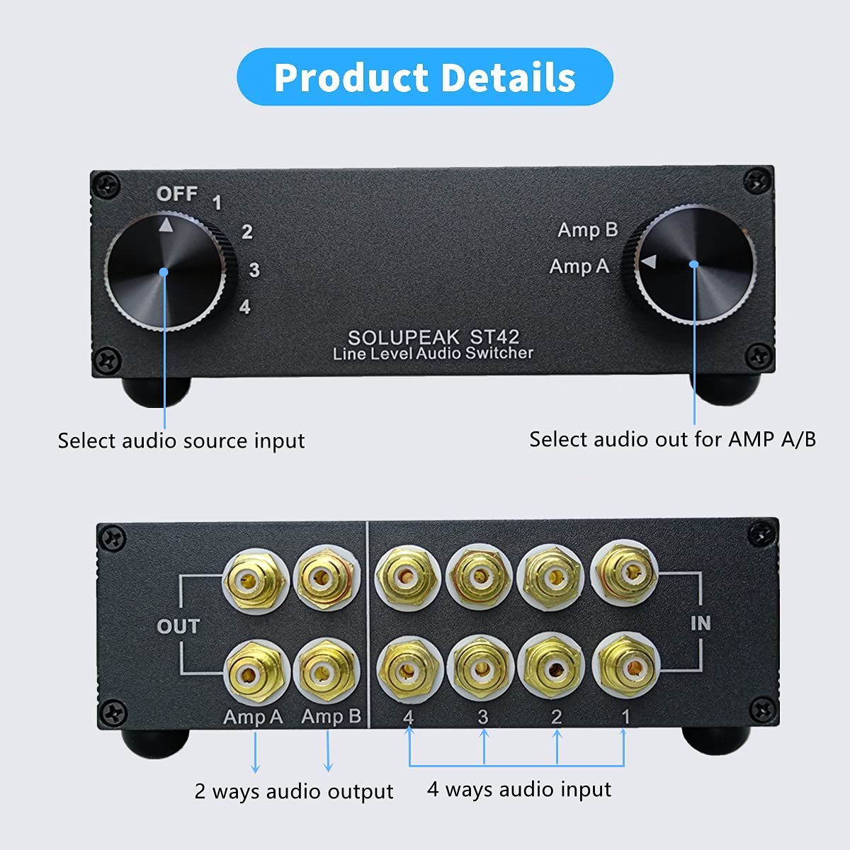 SOLUPEAK ST42 4-way RCA audio switch source signal input switcher selector splitter box (4 in 2 OUT)