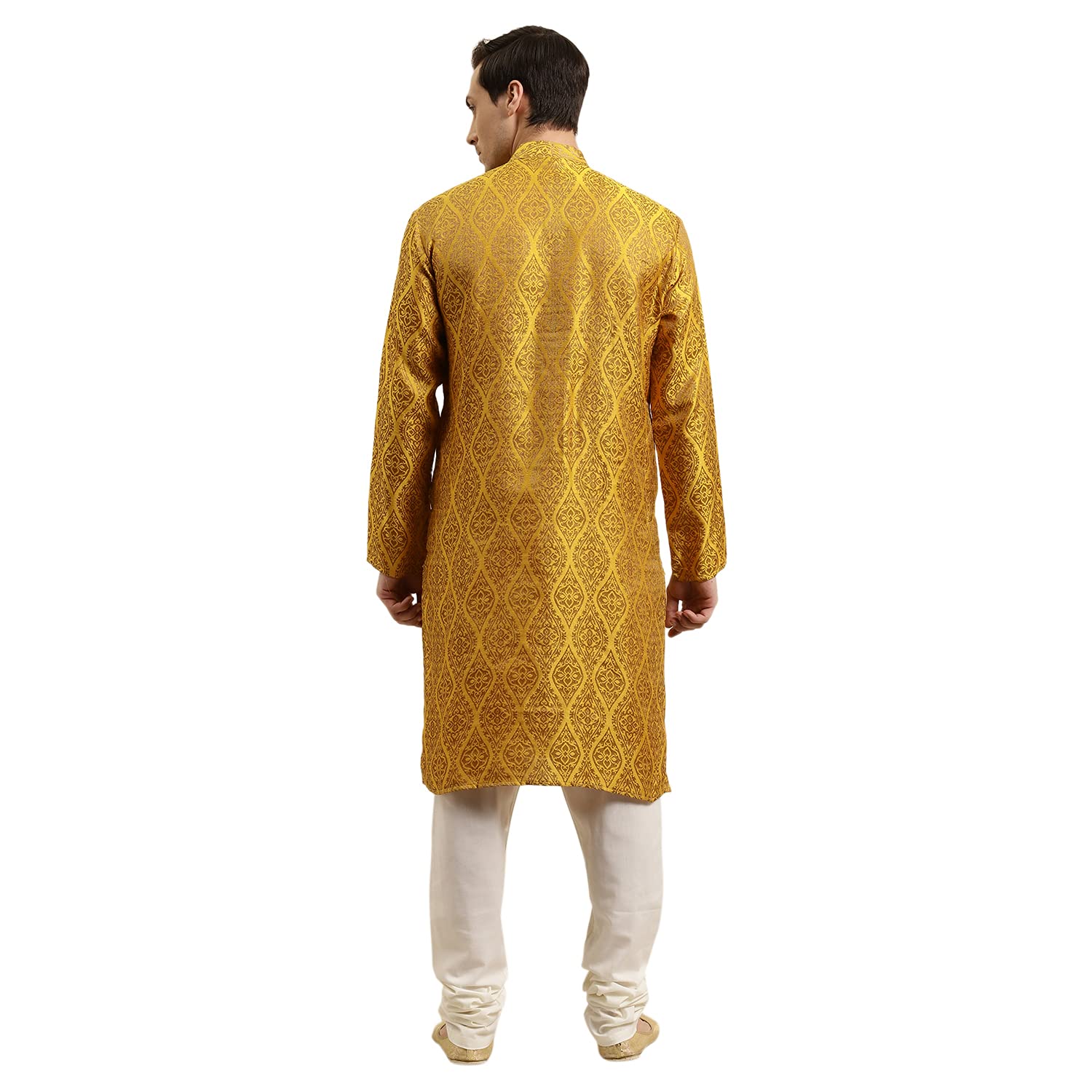 Sojanya (Since 1958 Men'S Jacquard Silk Mustard & Gold Kurta & Off-White Churidar Pyjama Set Size 38