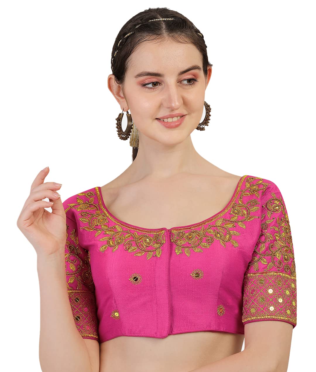Vihu Fashion Women's Silk Floral Half Sleeve Blouse (gwaliya Blouse_Pink_38)