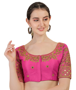 Vihu Fashion Women's Silk Floral Half Sleeve Blouse (gwaliya Blouse_Pink_38)