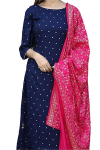 Gosriki Women'S Ruby Cotton Foil Printed Straight Kurta With Palazzo & Dupatta (Kashmiri-Blue_Xxl_Dark Blue_Xx-Large),Dark Blue,2,B097D8ZXBP