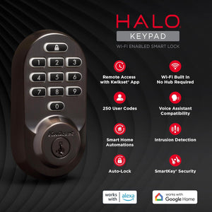 Kwikset Halo Wi-Fi Smart Lock, Keyless Entry Door Deadbolt, Geofence Auto-Unlock, Grade AAA Certified, No Hub Easy Install, Venetian Bronze Lifetime Finish Warranty, Backlit Keypad