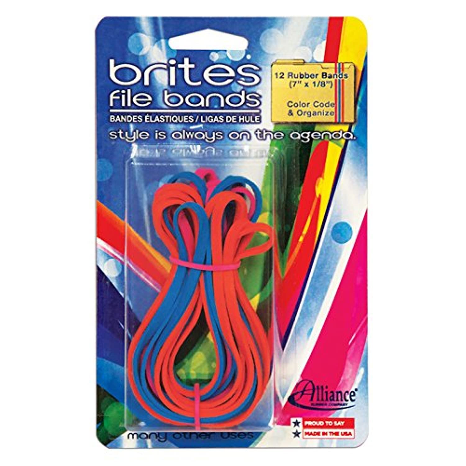 Alliance Rubber 07750 Non-Latex Brites File Bands, Colored Elastic Bands, 12 Pack (7 x 1/8, Assorted Colors)