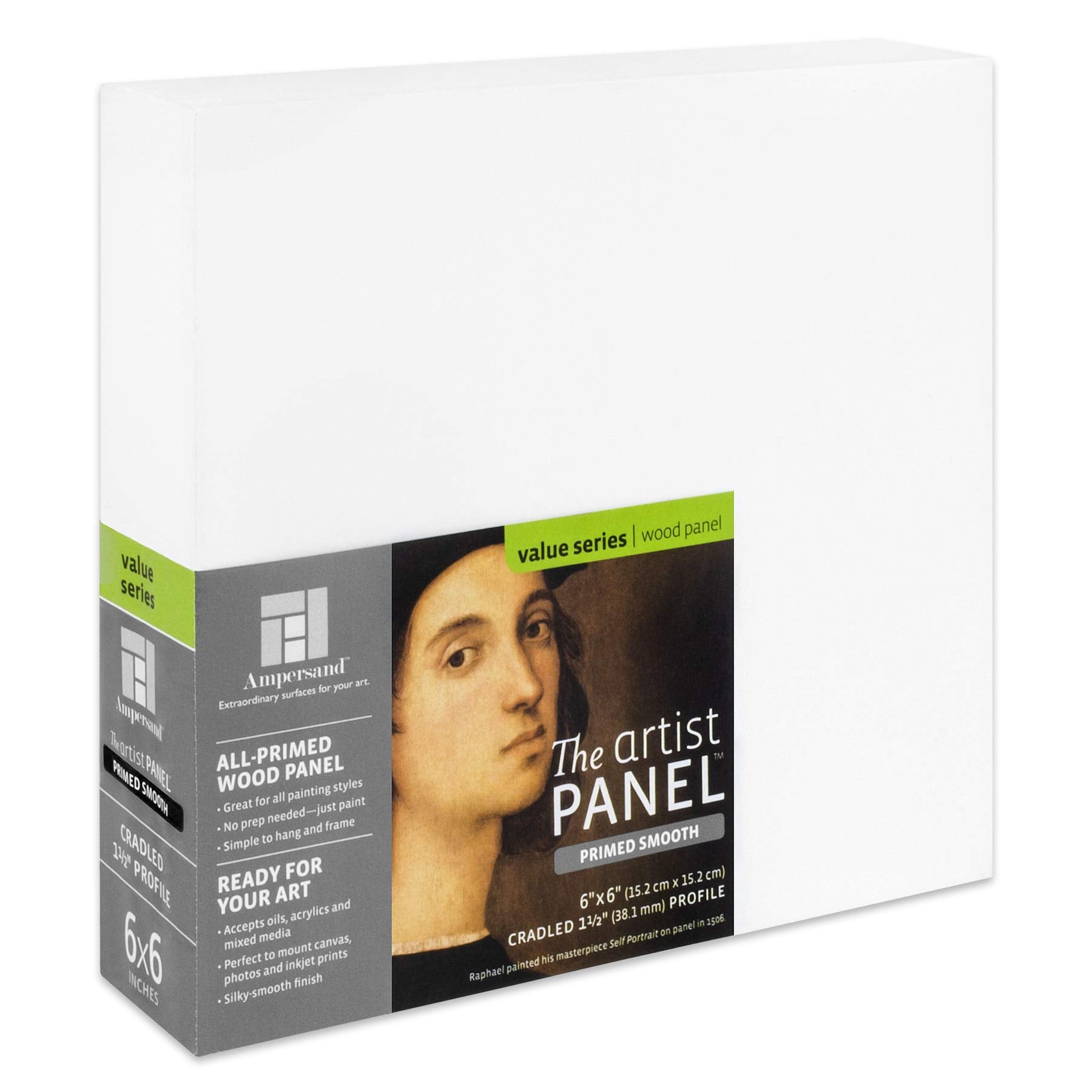 Ampersand Art Supply Wood Gesso Artist Painting Panel: Primed Smooth, 6'' X 6'', 1-1/2'' Cradled Profile