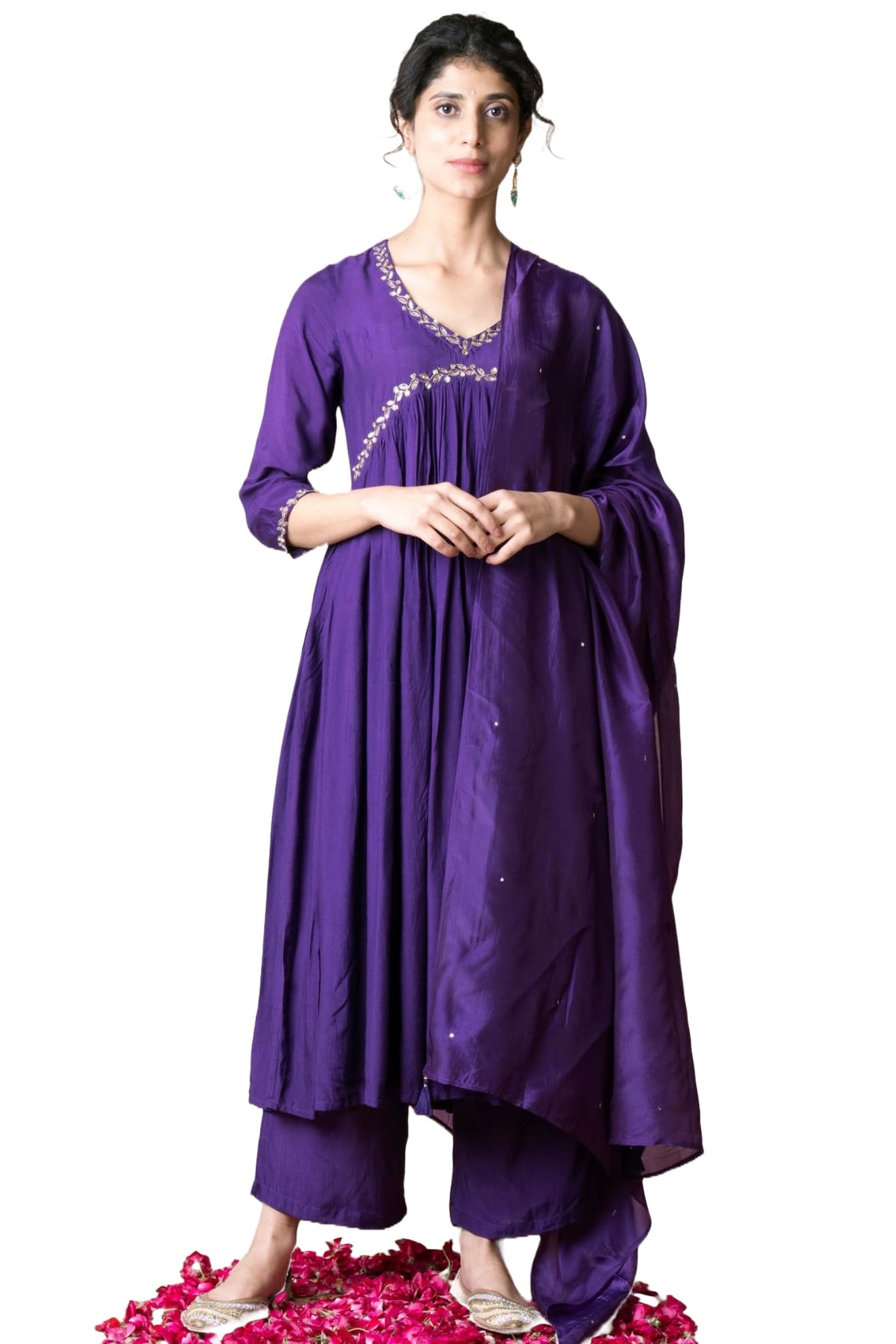 Gosriki Women'S Rayon Blend Anarkali Embroidered Kurta With Pant & Dupatta (Nachiket Begani-Gs_L_Begani_Large),Begani,,B0DFCKF8L5
