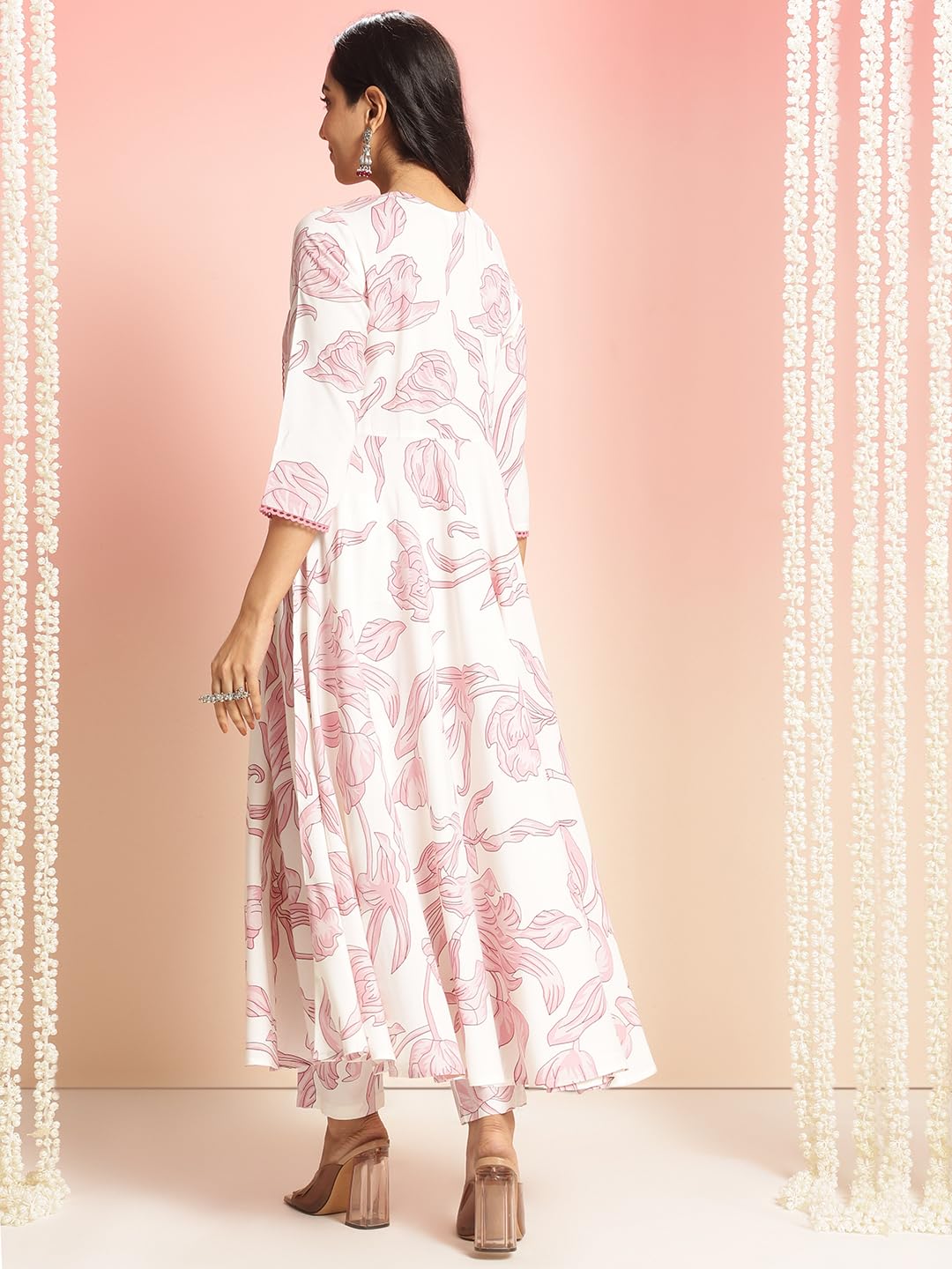 Anni Designer Women'S Rayon Viscose Anarkali Printed Kurta With Pant (Rishiva Cream_Xl_Cream_X-Large),Cream,XL,Rayon,Anarkali,