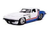 1963 Chevrolet Corvette Stingray White And Blue With Red Stripe Chevy Racing Bigtime Muscle 1/24 Diecast Model Car By Ja