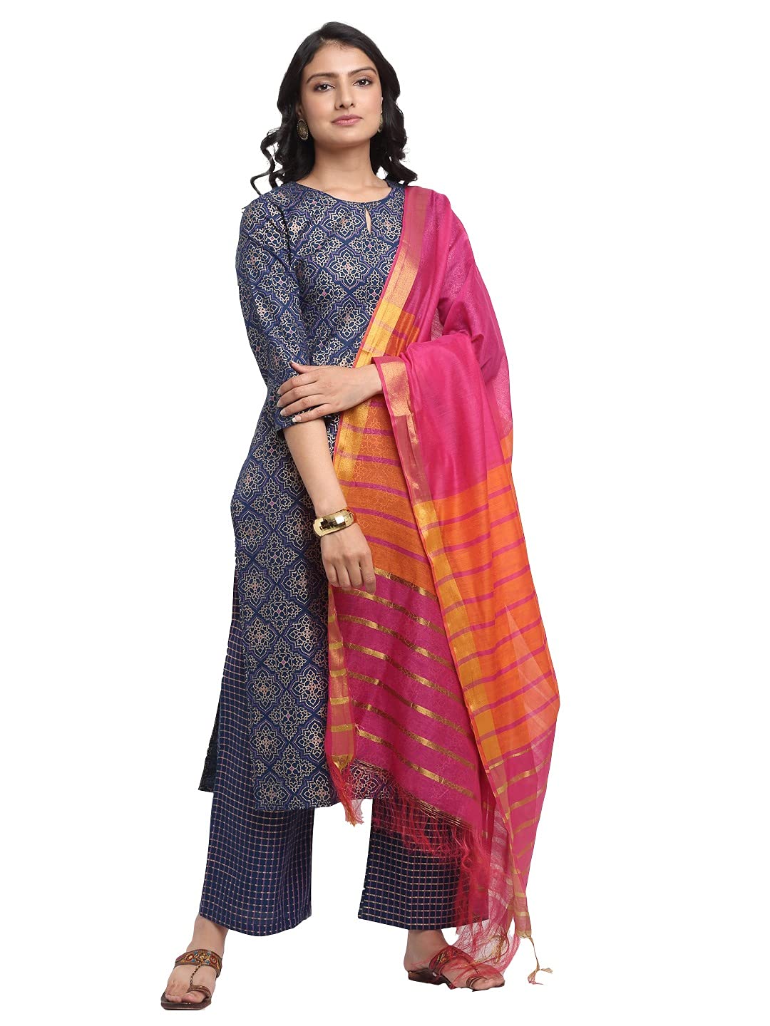 Gosriki Women'S Rayon Cotton Foil Printed Straight Kurta With Palazzo & Dupatta (Kshi Blue_M_Blue_Medium),Blue,,B0976YVRKS