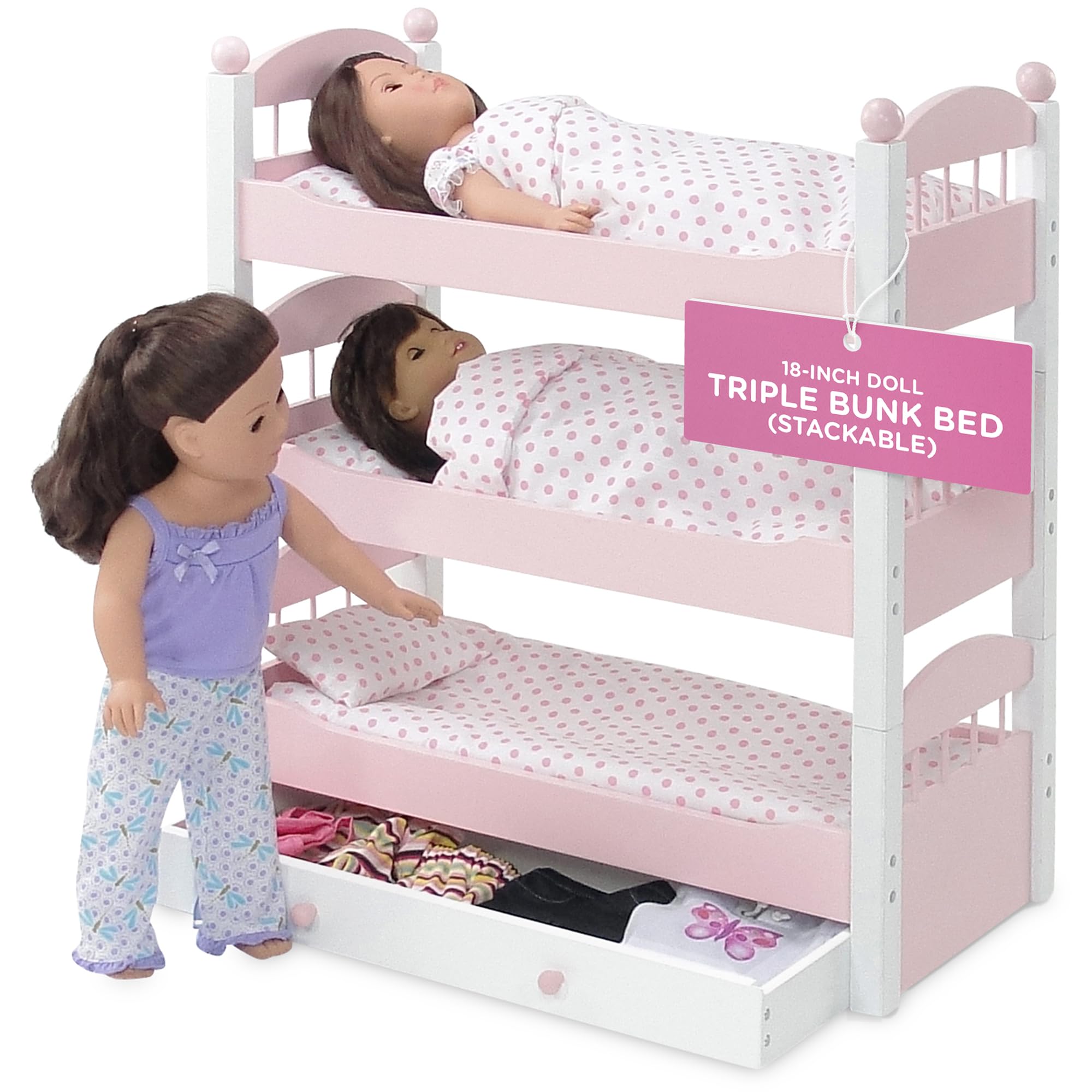 Emily Rose Doll Clothes Triple Bunk Bed, 18 Inch Doll Bedroom Furniture 3 Single Stackable Beds, Wooden Doll Accessories Bunkbed