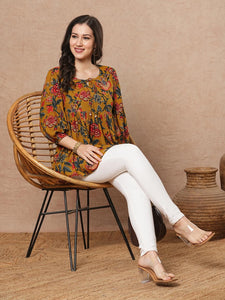 Anni Designer Women'S Tunics Tops Rayon Viscose Printed Short Top For Women (Silvi Yellow_Xxl_Yellow_Xx-Large),Yellow,2XL,,,