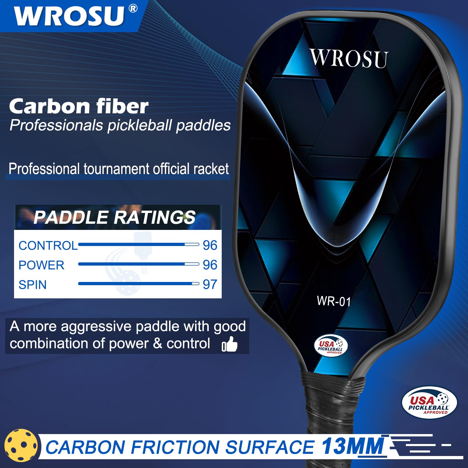 WROSU Pickleball Paddles Set of 4 Carbon Fiber | 2024 USAPA Approved Equipment W/Accessories | Core Carbon Fiber Pickleball Racq