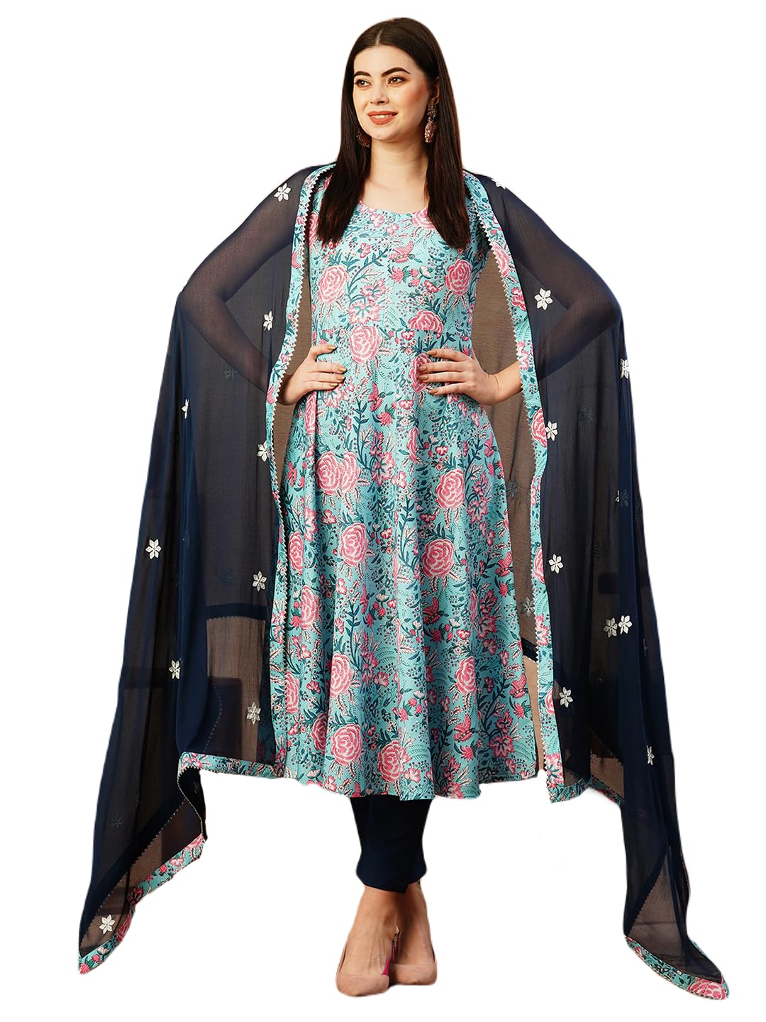 Anni Designer Women'S Cotton Blend Anarkali Printed Kurta With Pant & Dupatta (Goanni Blue-Fka_L_Blue_Large),Blue,L