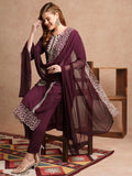 Anni Designer Women'S Rayon Blend Straight Embroidered Kurta With Pant & Dupatta (Trp Wine-Vks01_Xl_Wine_X-Large),Wine,XL,,,