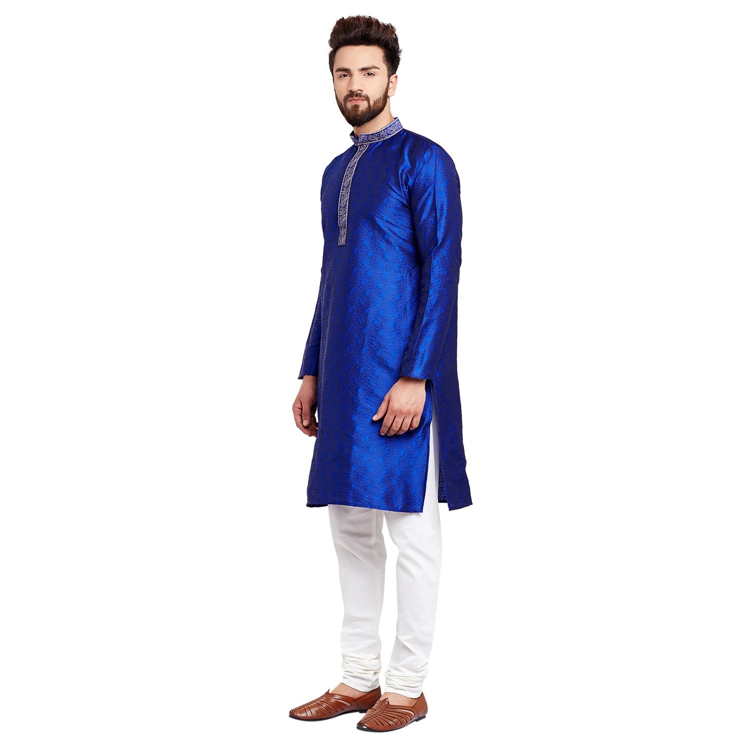 Sojanya (Since 1958 Men'S Royal Blue Jacquard Silk Kurta & Churidaar Pyjama Royal Blue M
