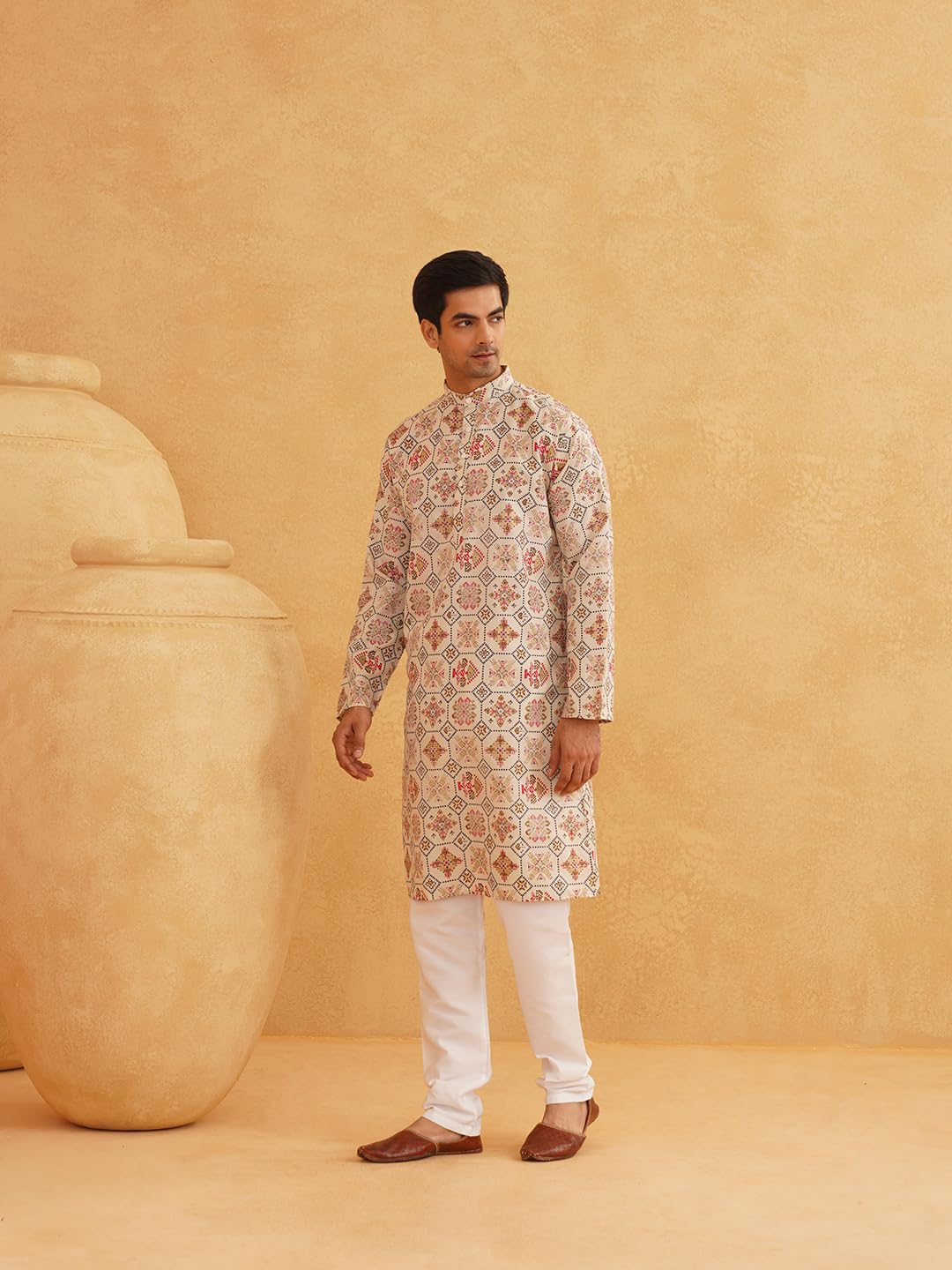 Sojanya (Since 1958 Men'S Cotton Linen Cream & Multi Print Only Long Kurta Cream & Multi L