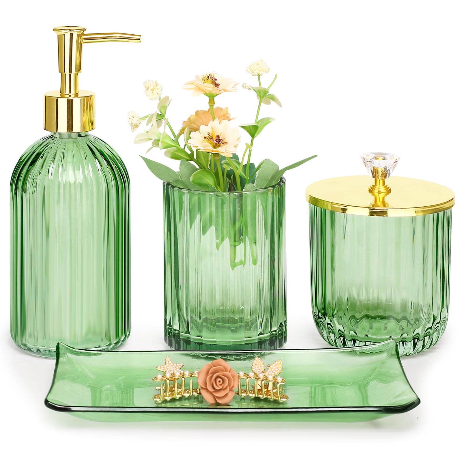 Haturi Bathroom Accessories Set, 4 Pcs Green Glass Bathroom Accessories Sets Complete W/Lotion Soap Dispenser, Toothbrush Holder