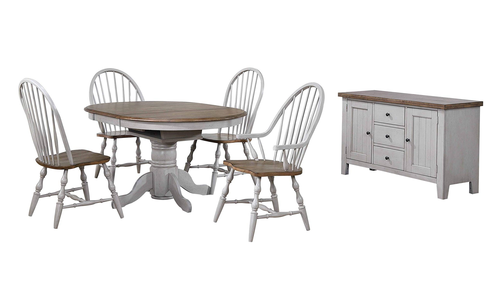 Sunset Trading Country Grove 42 Round To 60 Oval Extendable Dining Table Set | 2 Arm Chairs | Buffet | Distressed Gray And B