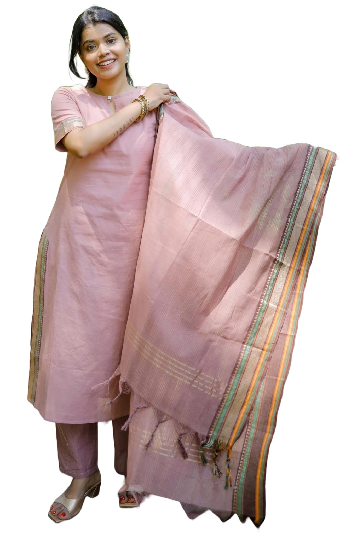Anni Designer Women'S Rayon Viscose Straight Solid Kurta With Pant & Dupatta (Skyfall Peach_L_Peach_Large),Peach,L