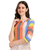 Wedani Women'S Casual Puff Sleeves Ruffled Collor Strip Top (Large Orange),Orange,L