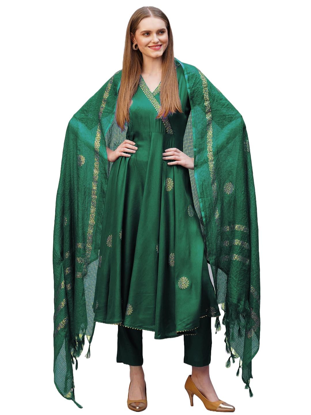 Gosriki Women'S Rayon Blend Anarkali Printed Kurta With Pant & Dupatta (Berlin Green-Nb-Gs_M_Green_Medium),Green,,B0DJ39KHRN