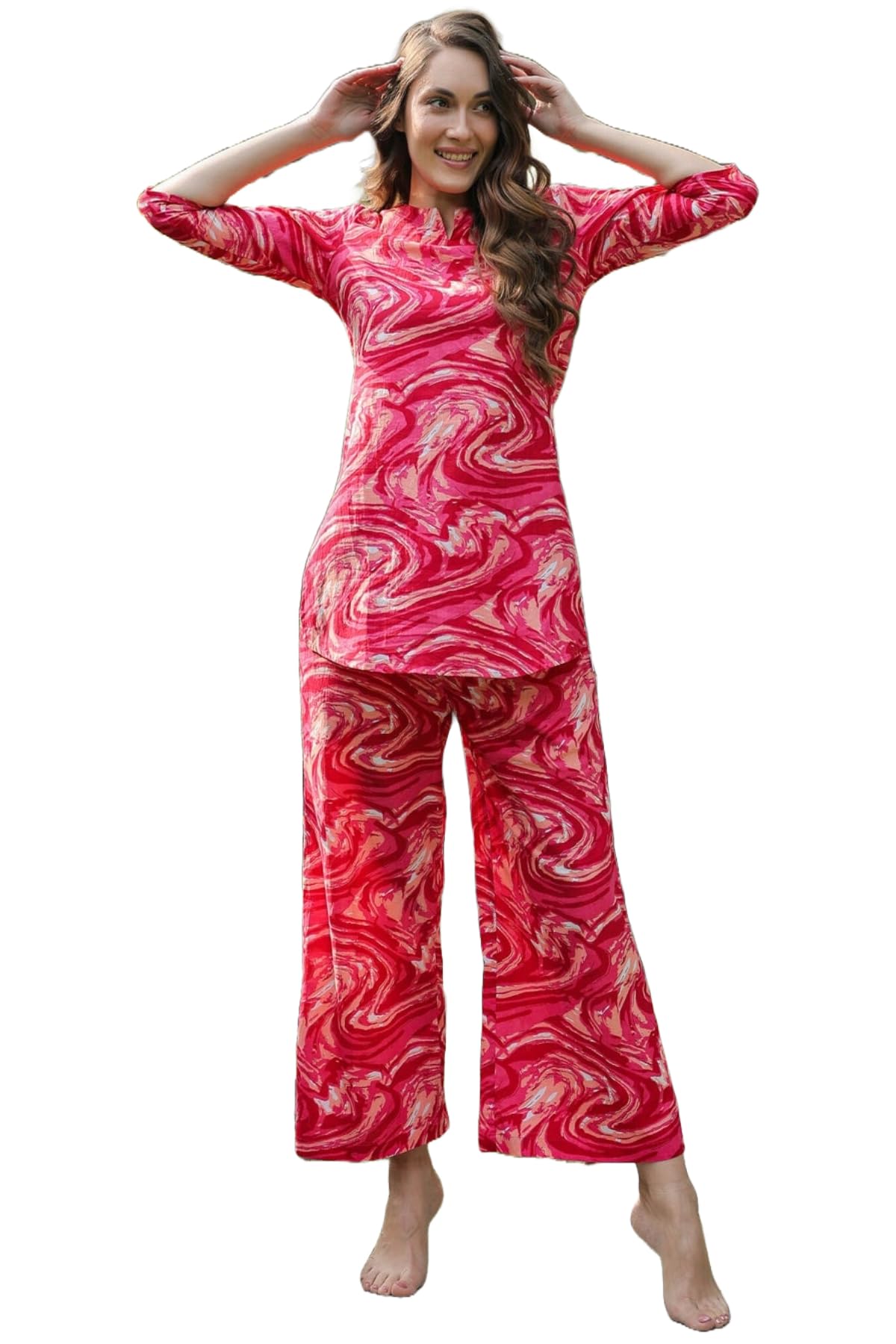 Anni Designer Women'S Rayon Blend Straight Printed Co-Ord Set (Bhata Pink_S_Pink_Small),Pink,S