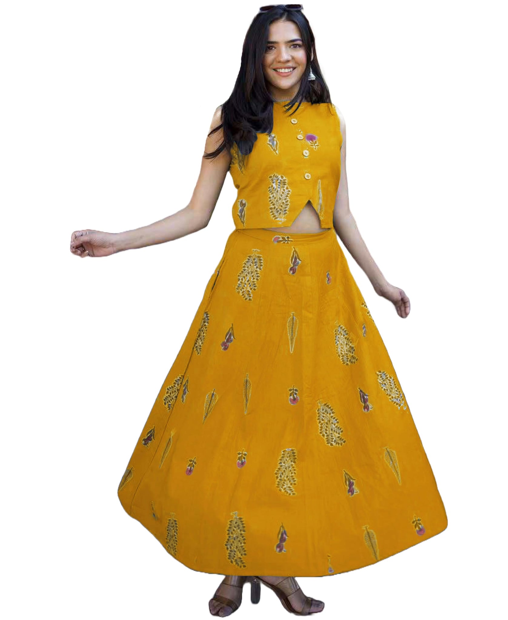 Anni Designer Women'S Rayon Viscose Printed Skirt And Top Dress Set (Bijapur Yellow-Vks01_Xxl_Yellow_Xx-Large),Yellow,2XL,,,