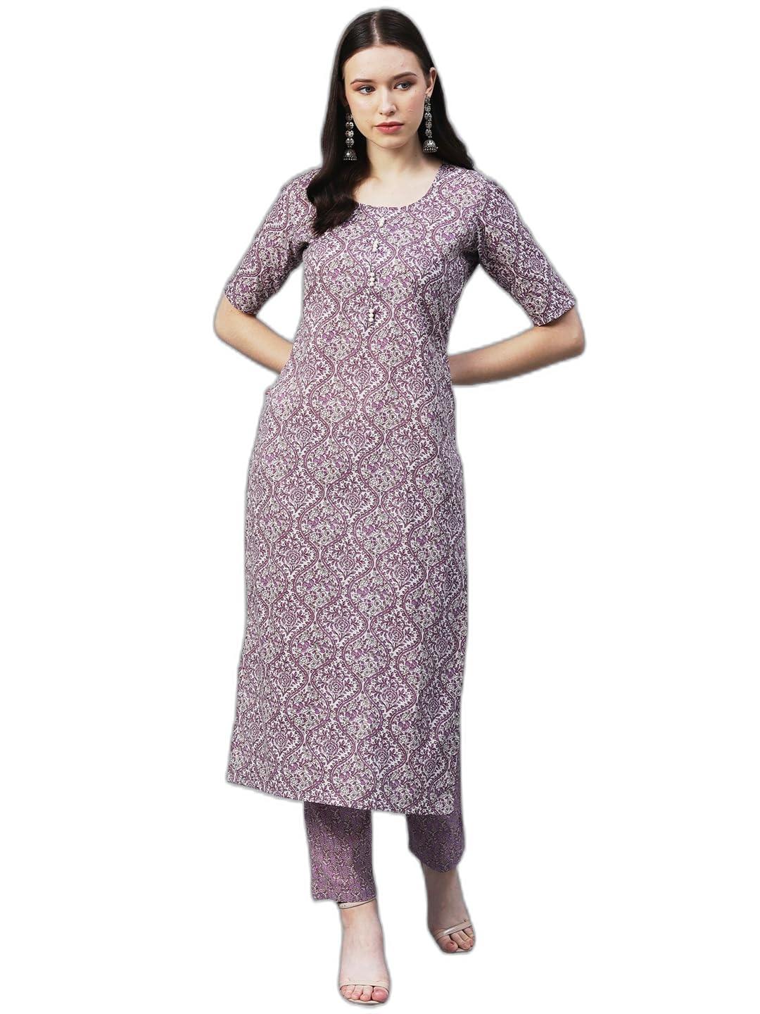 Gosriki Women'S Cotton Blend Printed Straight Kurta With Pant (Distri Multi_L_Multicolour_Large),Multicolour,,B08DD1VJ67