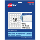 Avery Durable Waterproof Square Labels, Sure Feed Technology, 1 x 1, 4,800 Total, Oil and Tear-Resistant Waterproof Labels, Prin