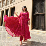 Gosriki Women'S Georgette Bandhani Printed Anarkali Kurta And Pant With Dupatta Set (Preeti Pink_Xl-Gs_Pink_X-Large),Pink,,B0BJ962SWG