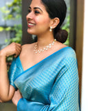 Flosive Womens Kanjivaram Silk Saree With Handloom Weaving Work With Blouse (Sky)