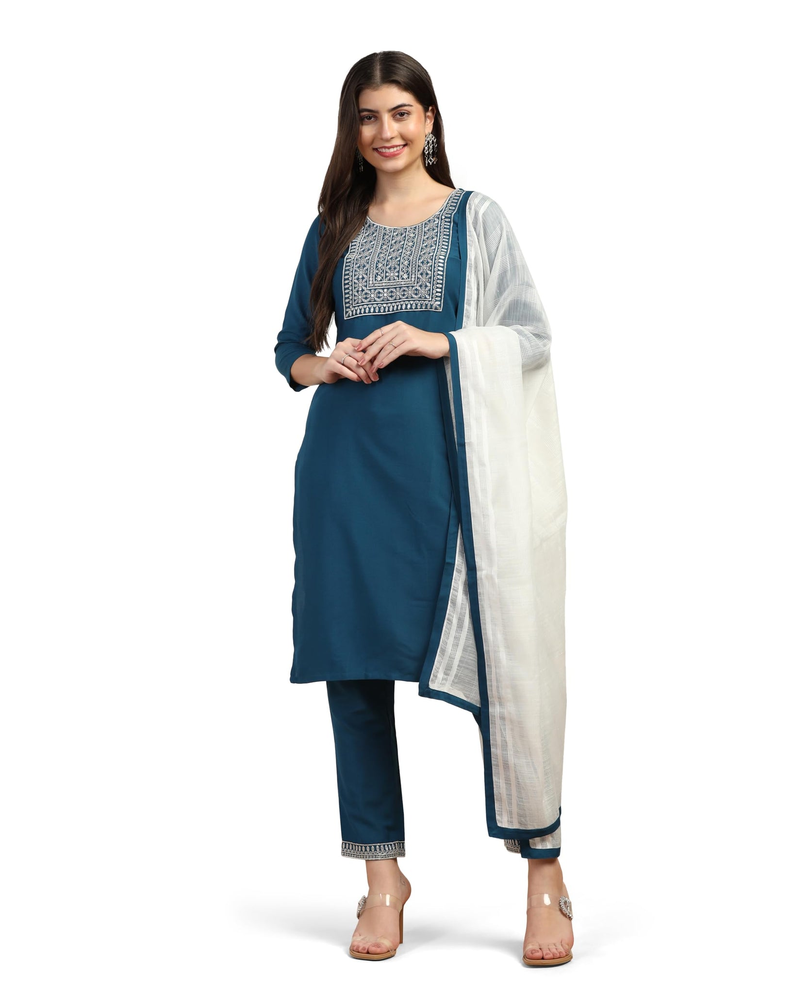 Toplot Women'S Solid Straight Kurta With Pant & Dupatta|Kurta Pant Set With Dupatta (Straight-Kurta-Pant-5197-Turquoise-L),Turquoise,,B0DCNLQ41Y
