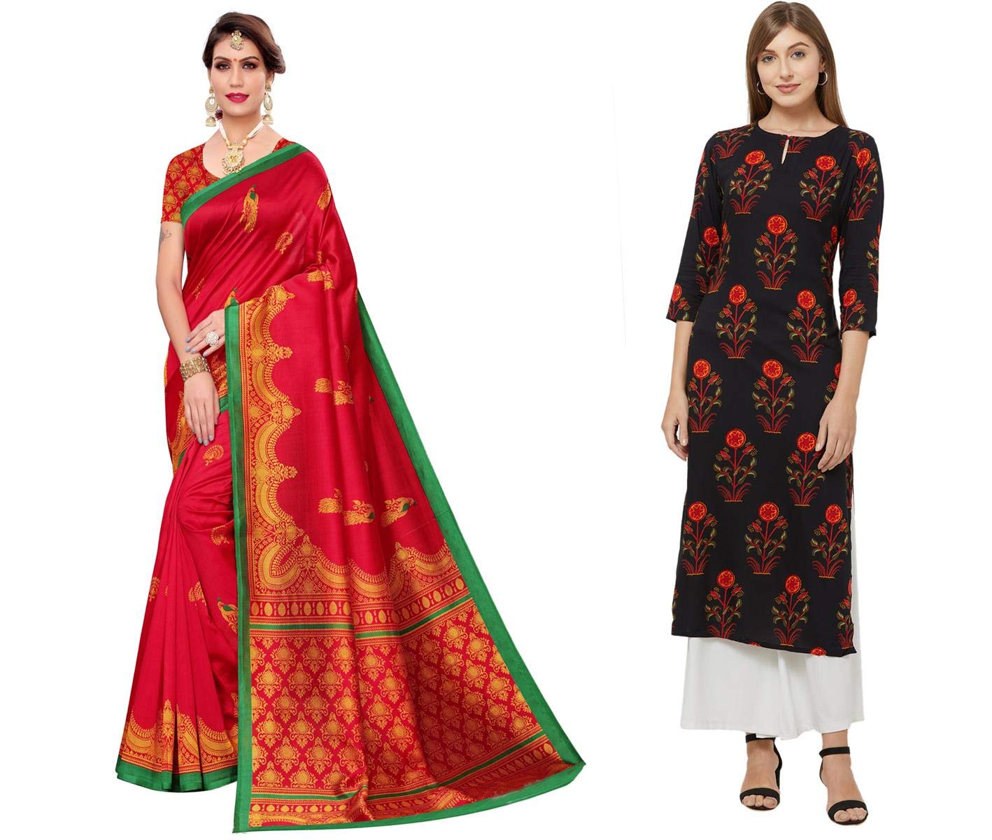 Anni Designer Women'S Multicolorprinted Saree And Printed Kurti (Ruti-Sk-6M (5)_Xl),Multicolour,XL