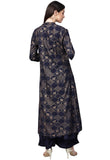 Ishin Women'S Rayon Navy Blue Embroidered Anarkali Kurta Palazzo Set With Jacket Navy Blue L