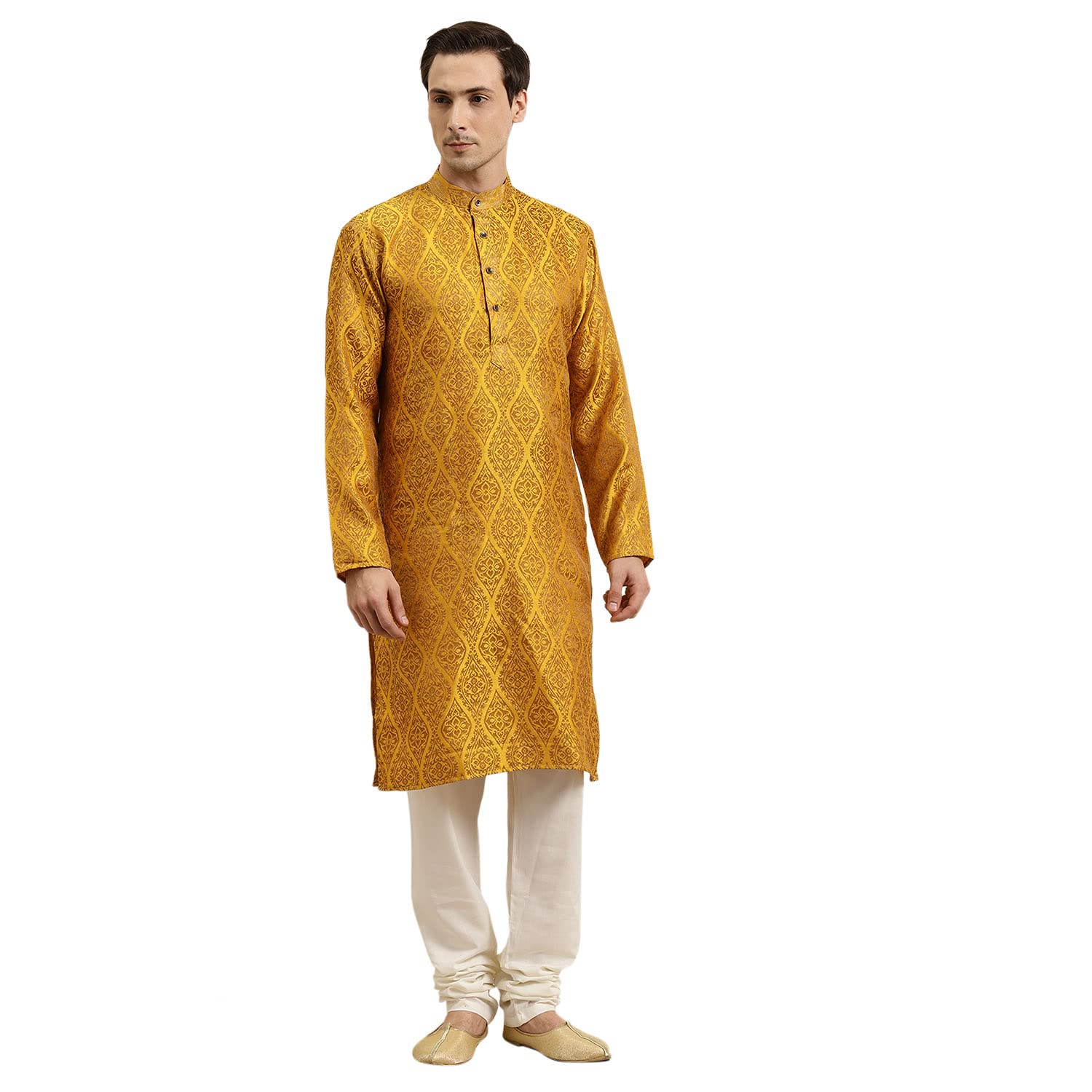 Sojanya (Since 1958 Men'S Jacquard Silk Mustard & Gold Kurta Size 42