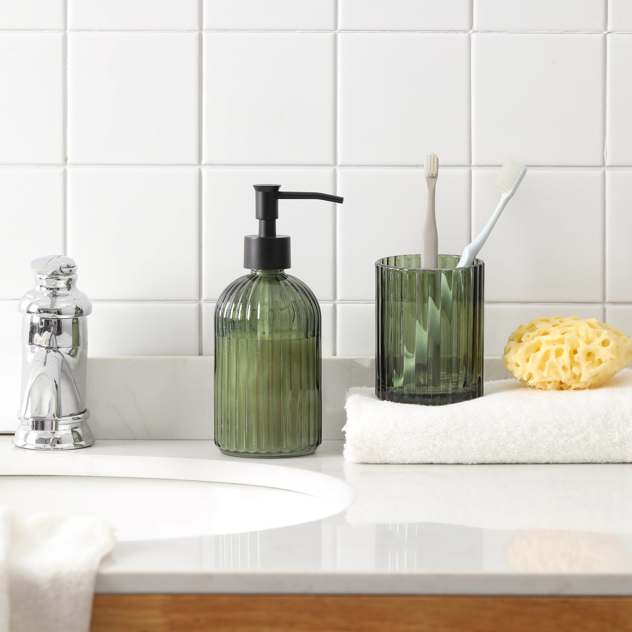 4PCs Heavy Weight Decent Glass Bathroom Accessories Set with Decorative Pressed Pattern - Includes Hand Soap Dispenser & Tumbler
