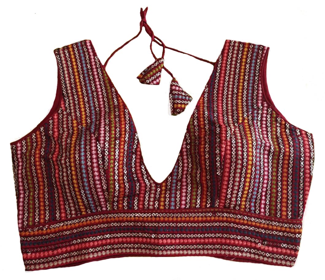 Vihu Fashion Women's Sleeveless Readymade sabyasachi Pattern V Neck Blouse Embroidery Work with Sequence Blouse Indian Ethnic we