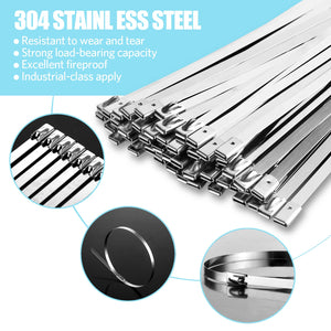 100PCS 11.8Inch Metal Cable Zip Ties - 304 stainless steel Heavy Duty Self-locking Cable Wire Tie Wrap for Fence Exhaust Wrappin