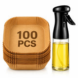 Air Fryer Accessories Kit, 100 Pcs Paper Liners with 210ml Oil Sprayer
