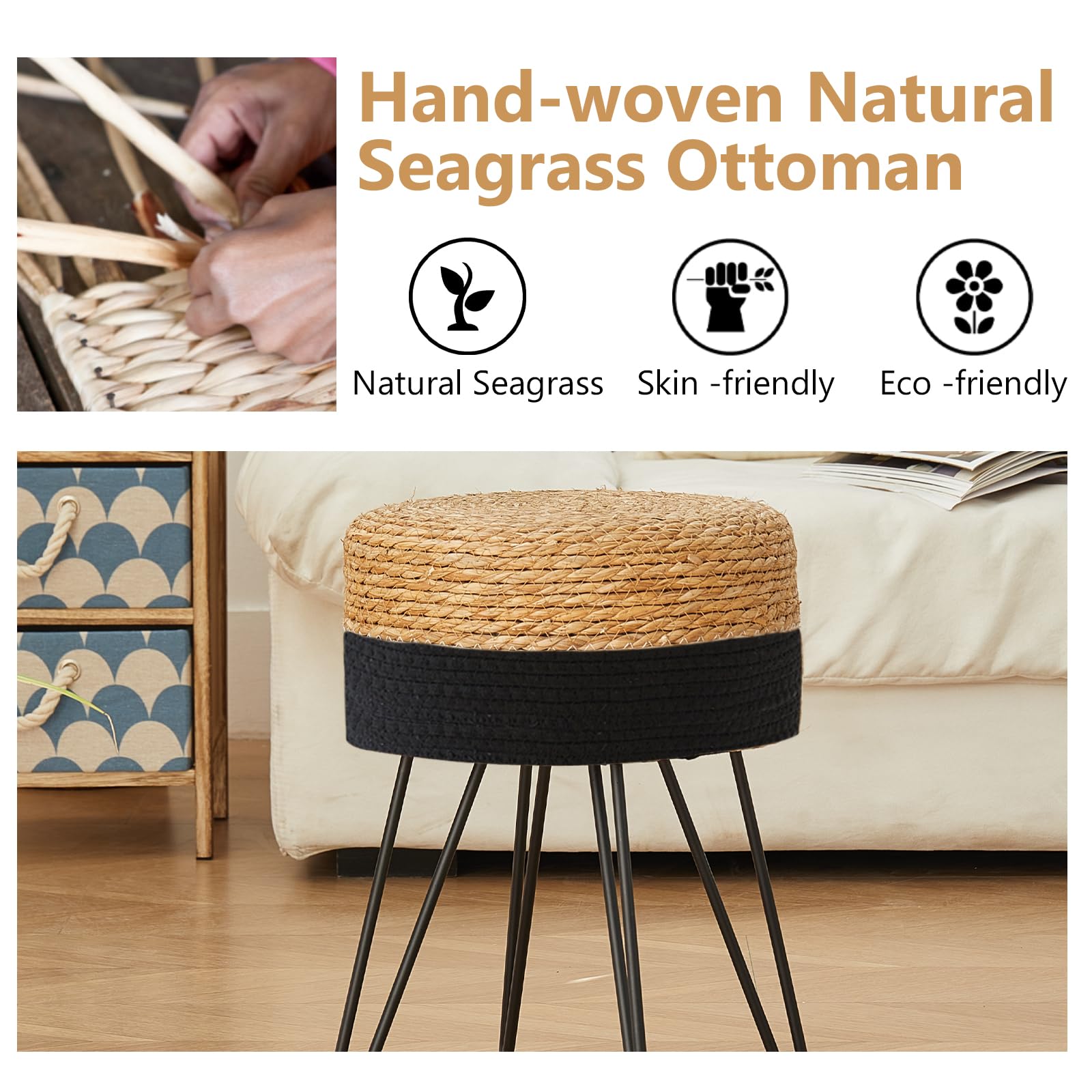 ALeesing Vanity Makeup Stool, Hand Weave Natural Seagrass Footstool Ottoman, Modern Multifunctional Vanity Stools Chair, Foot Re