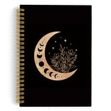 ANIANG Black Moon Spiral Notebook, Moon Journal, Black Gold Moon Phases 5.5inchx8.3inch 164pages Lined Journal Notebooks College Ruled