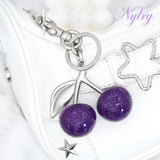 Nylry Cherry Bag Charm Keychain - Cute Purse Accessories for Handbags - Aesthetic Y2K Kawaii Gifts for Women - Purple