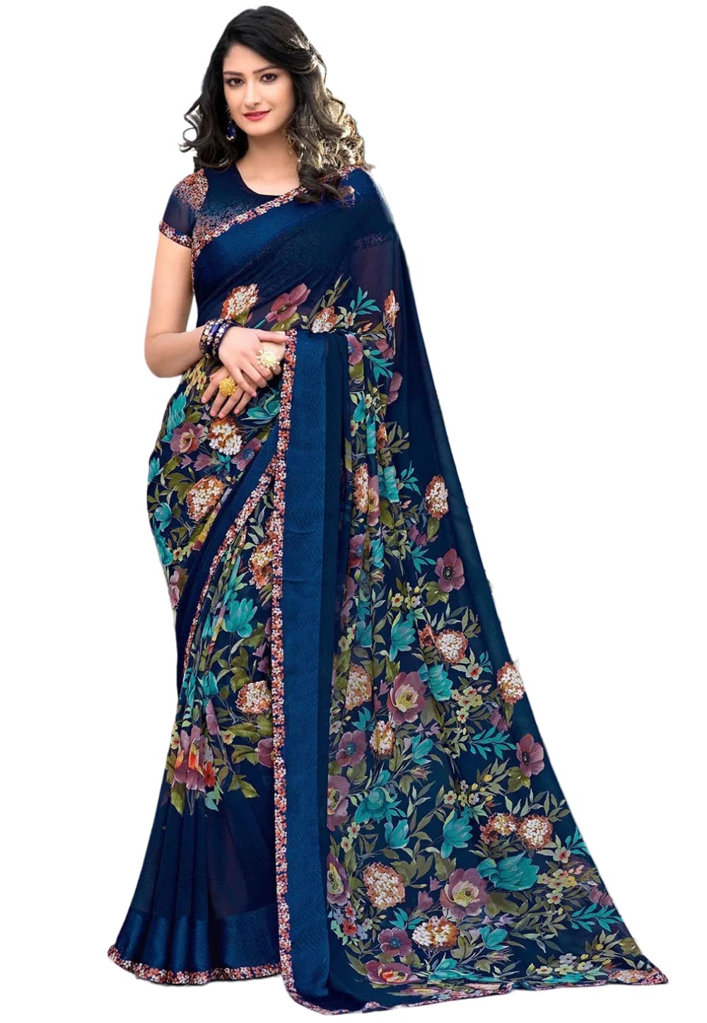 Gosriki Women'S Georgette Blend Printed Saree With Blouse Piece (Maha-Blue-Gs_Blue_Free Size),Blue,,B0BJ747J4T