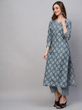 Anni Designer Women'S Cotton Blend Printed Straight Kurta With Pant (Kidya Grey_S_Grey_Small),Grey,S,Cotton Blend,Regular,Kurta & Pant Set