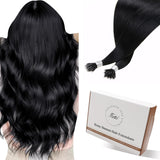 Hetto Black Nano Hair Extensions Human Hair Nano Ring Extensions Human Hair #1 Jet Black Nano Link Hair Extensions for Girls 20 